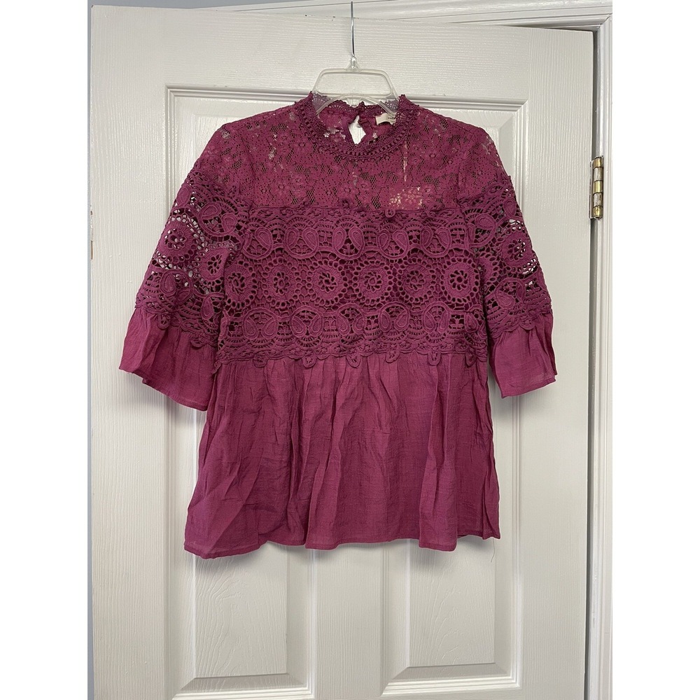 NWT Entro Lace Short Bell Sleeve Blouse Shirt Cranberry Size S